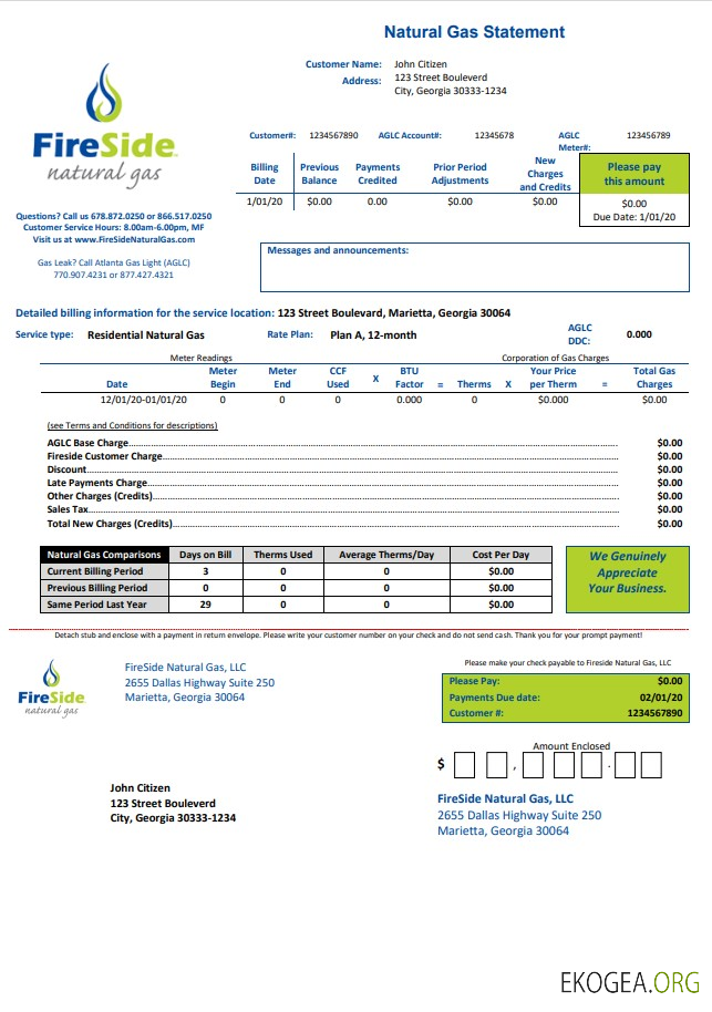 USA California FireSide natural gas utility bill template in Word and PDF format